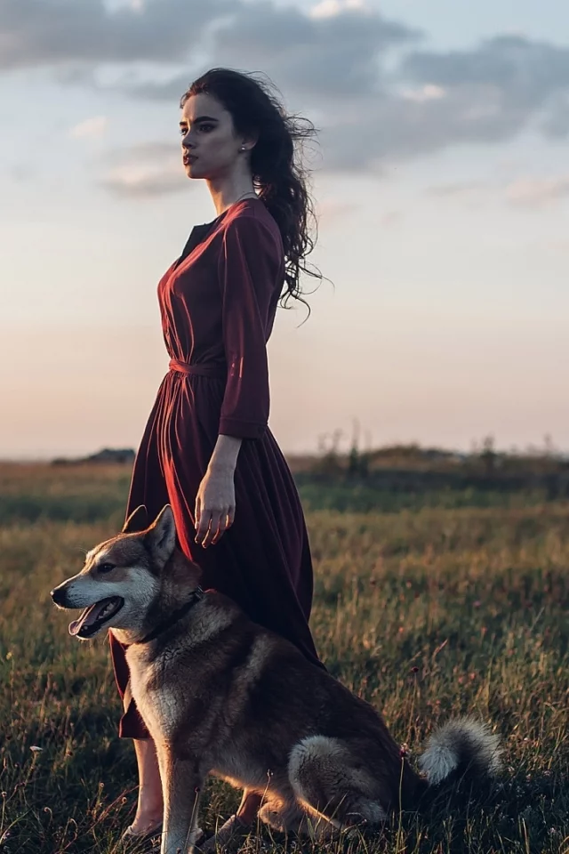 девушка с собакой, на природе, в поле