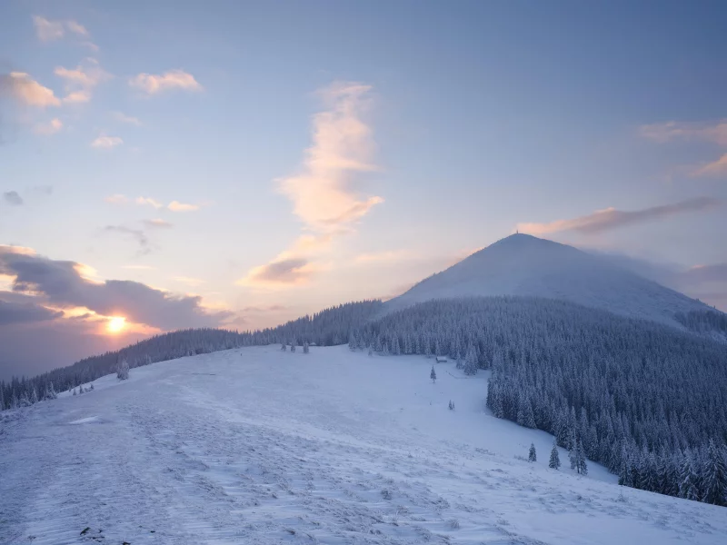 зима, снег, закат