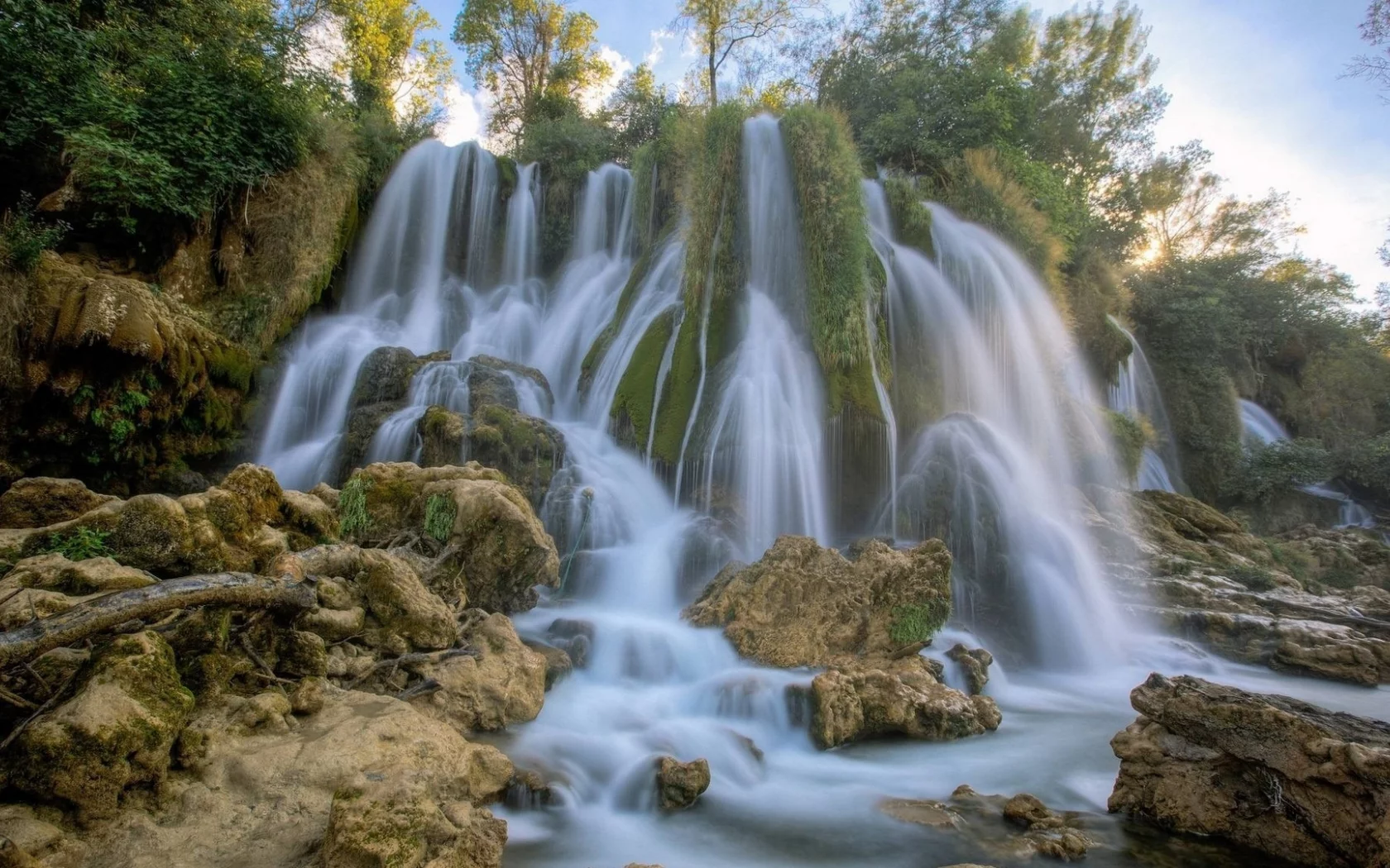 nature, waterfall, river, forest, leaves, autumn