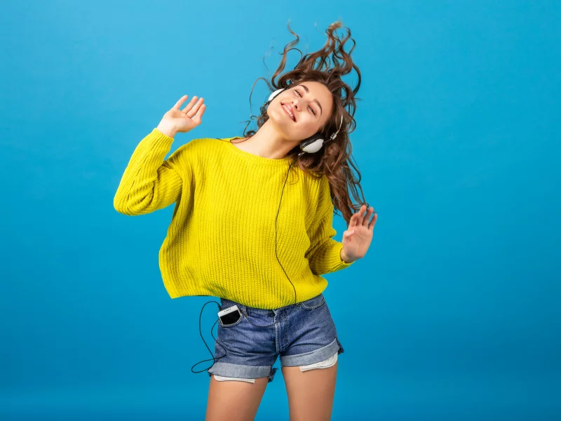 girl, smile, shorts, headphones, dance