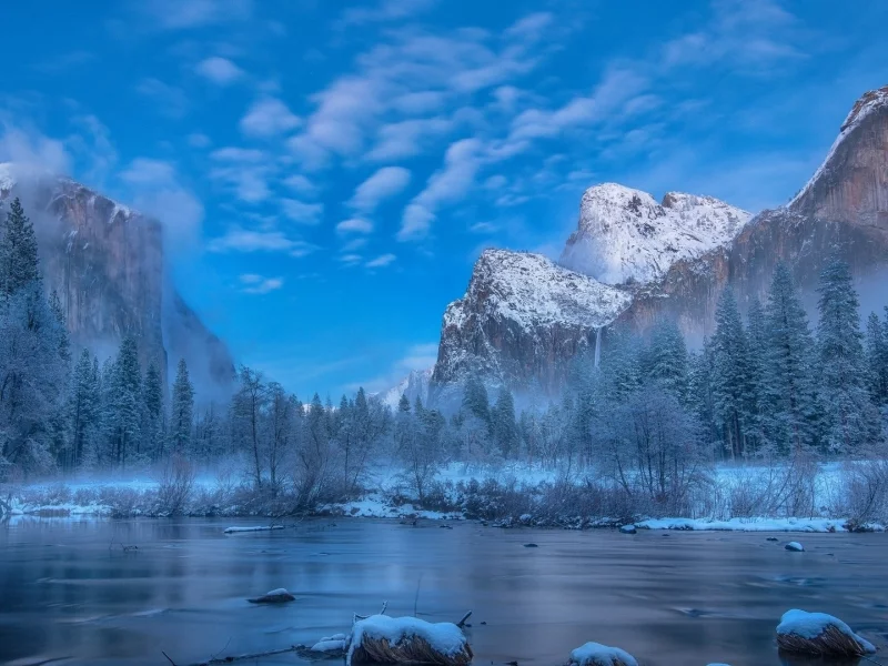 landscape, sky, nature, winter, mountains, forest, lake