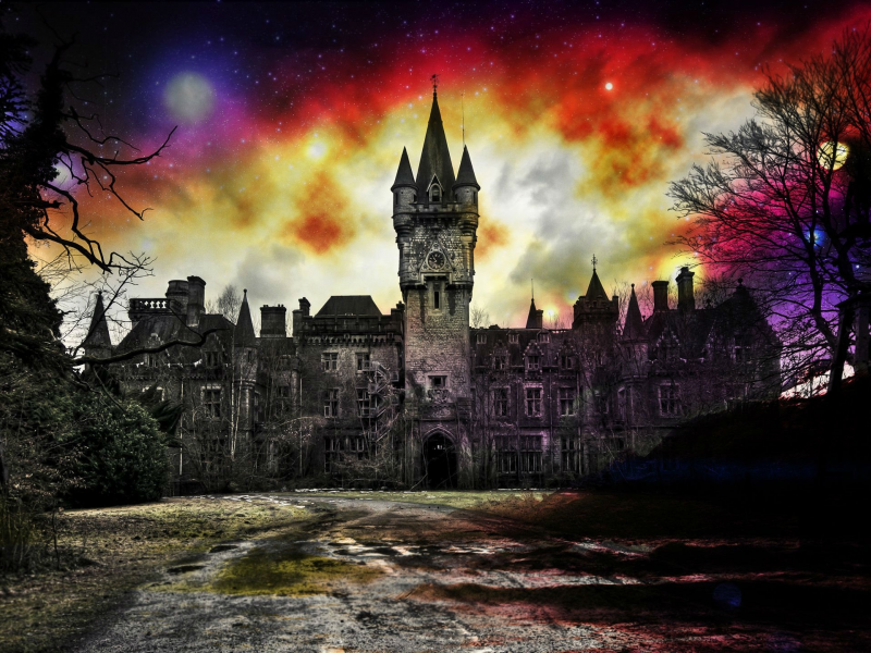 fantasy, castle, horror, night, glow, moon, darkness