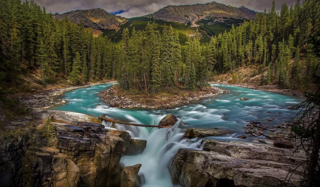 nature, forest, trees, mountains, waterfall, island, river