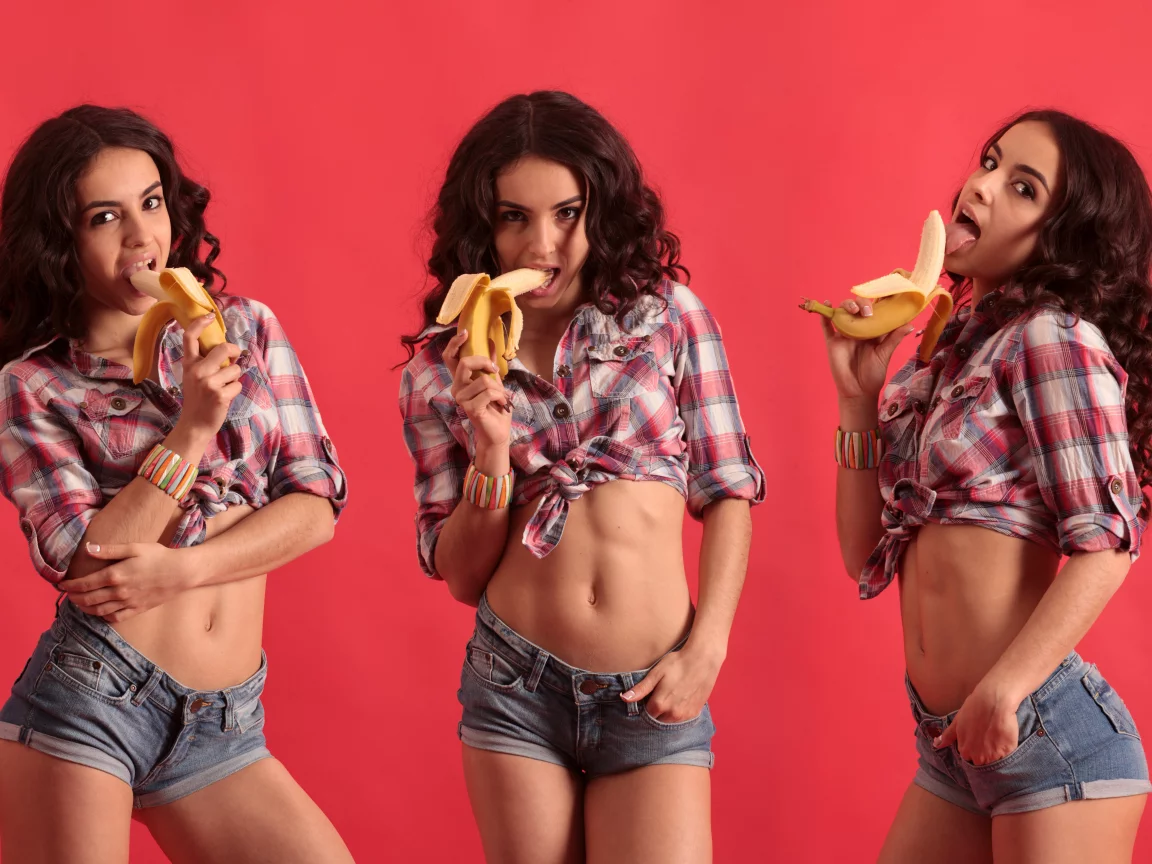 girl, sexy, pretty, brunette, shorts, shirt, banana