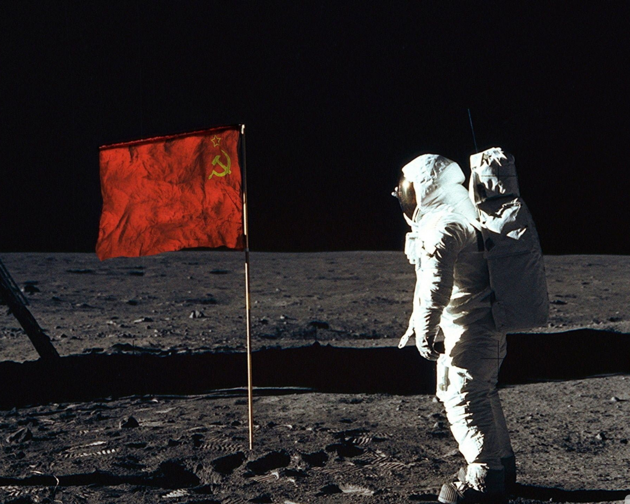 astronaut, moon, flag, spacesuit, space