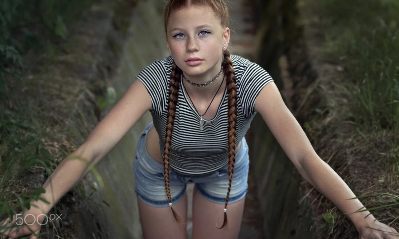 girl, pretty, shorts, braids, freckles