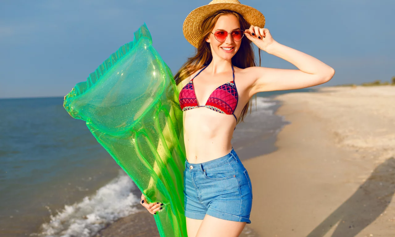 girl, beautiful, cute, shorts, swimsuit, hat, smile, glasses