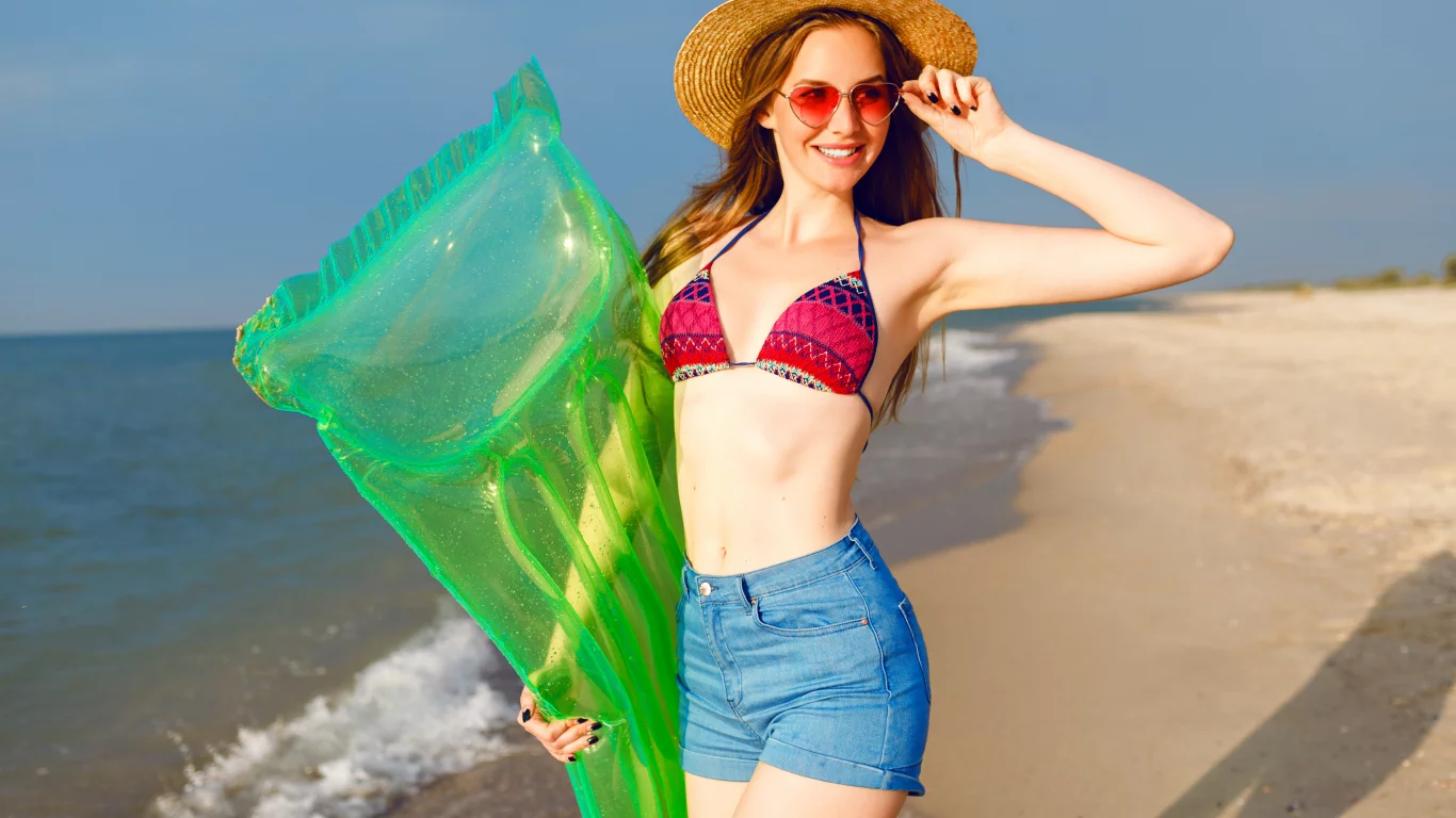 girl, beautiful, cute, shorts, swimsuit, hat, smile, glasses