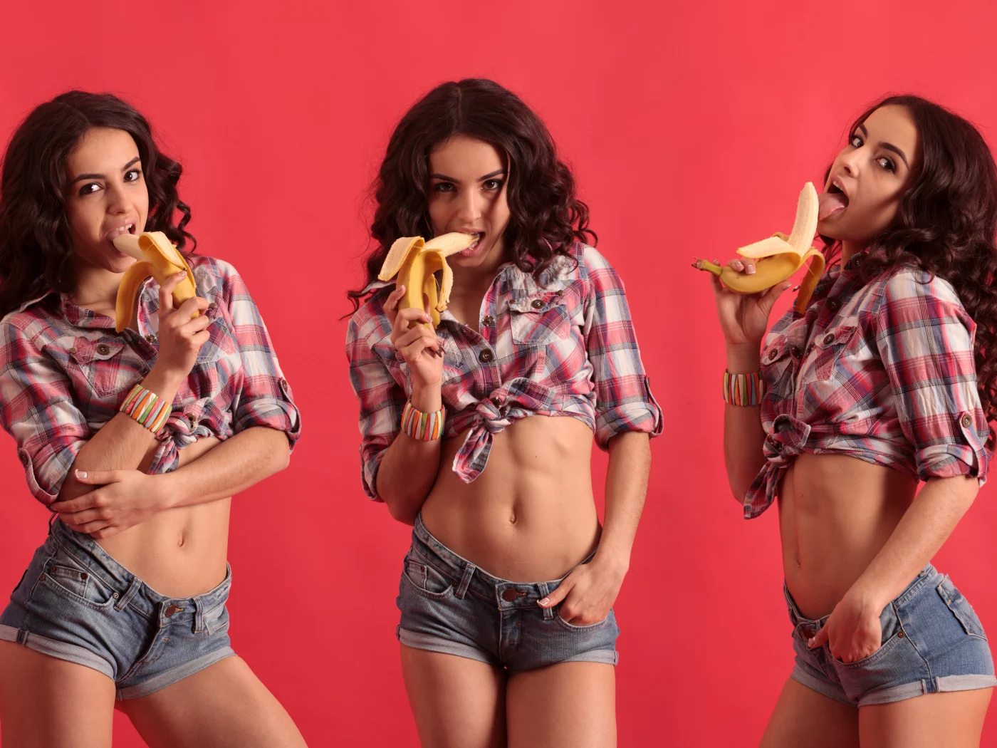 girl, sexy, pretty, brunette, shorts, shirt, banana