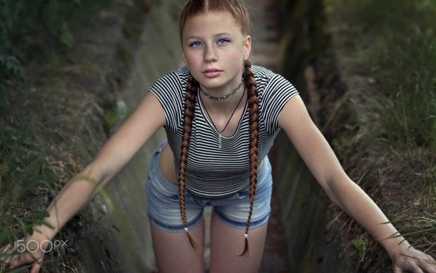 girl, pretty, shorts, braids, freckles