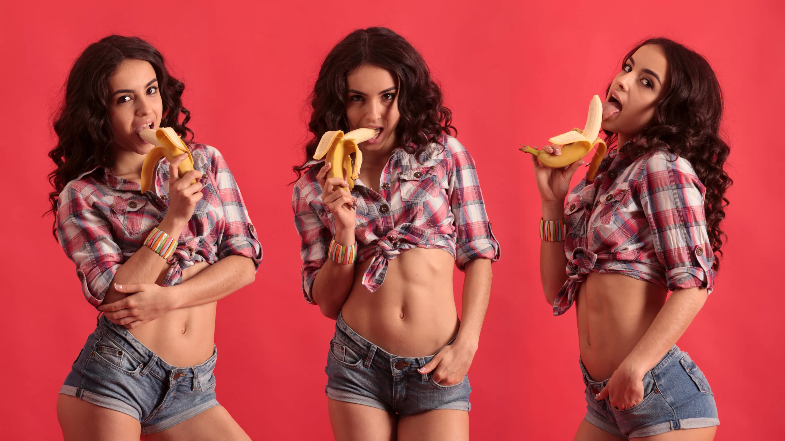 girl, sexy, pretty, brunette, shorts, shirt, banana