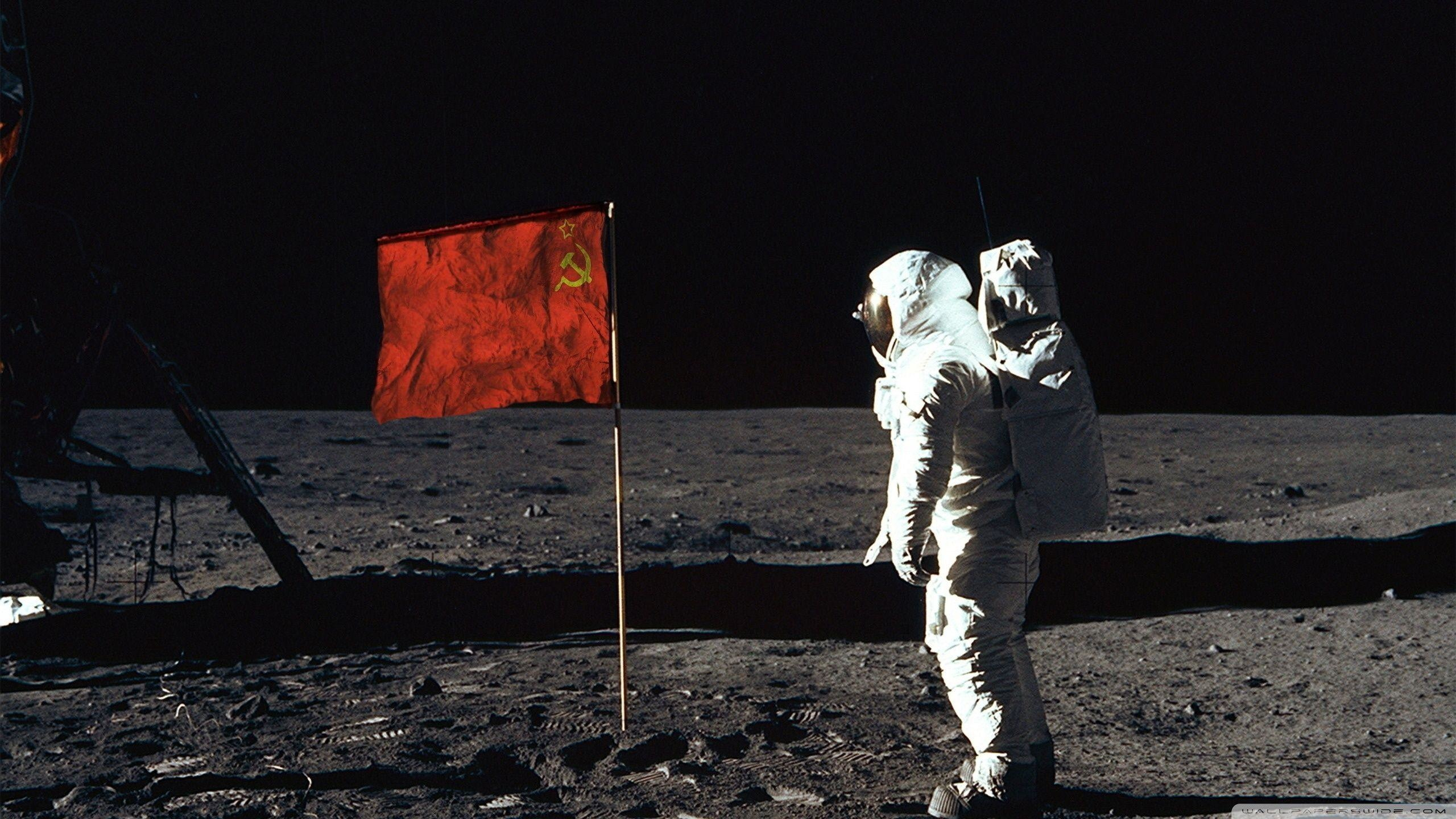 astronaut, moon, flag, spacesuit, space