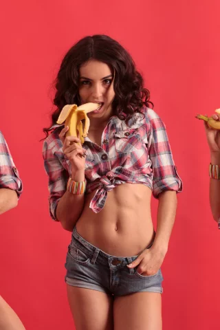 girl, sexy, pretty, brunette, shorts, shirt, banana