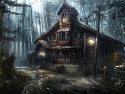 night, forest, hut, house, evening