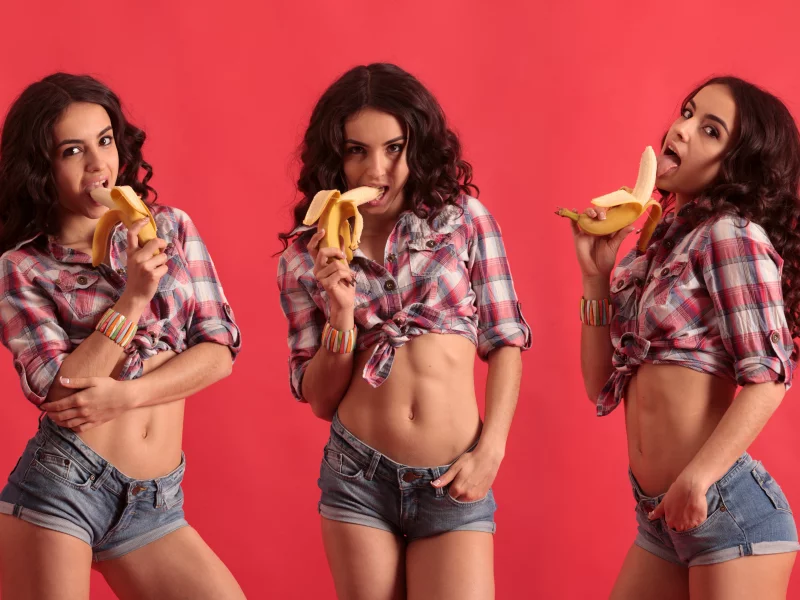 girl, sexy, pretty, brunette, shorts, shirt, banana