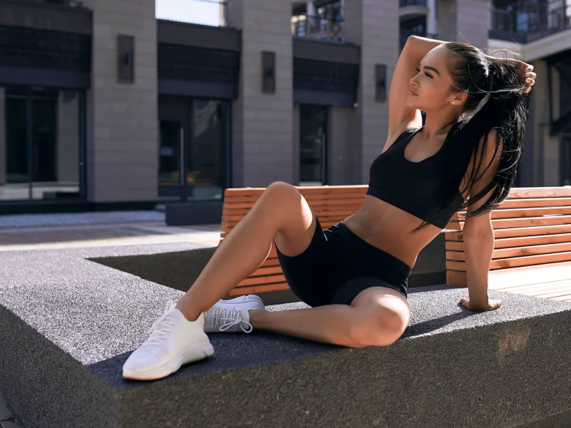 girl, pretty, brunette, figure, shorts, sneakers