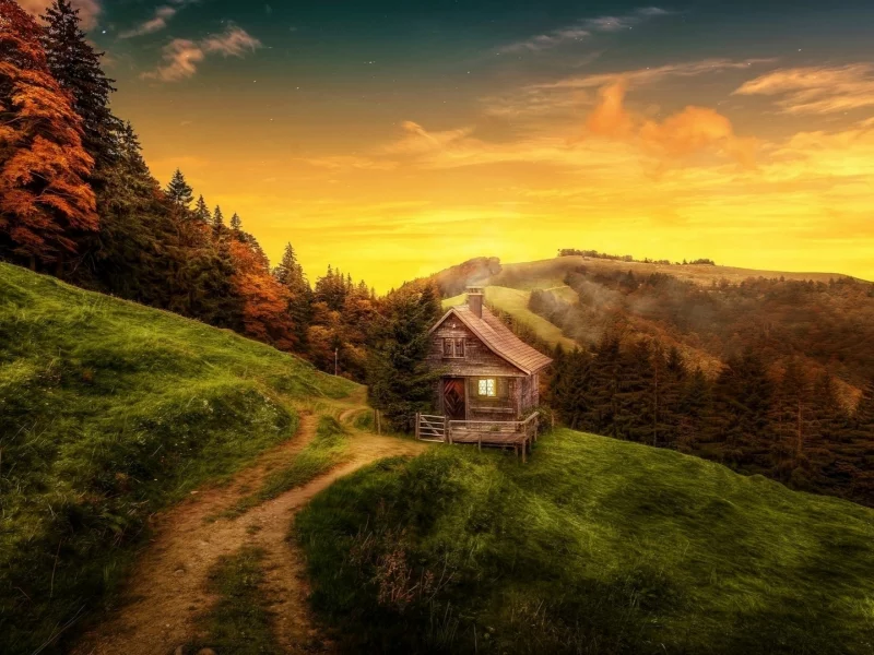 landscape, nature, evening, mountains, forest, hut