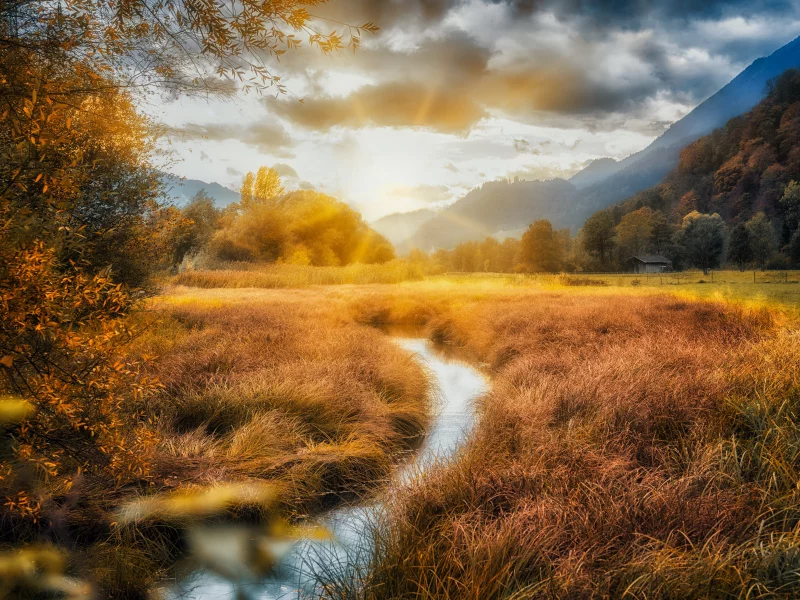 mountains, river, nature, clouds