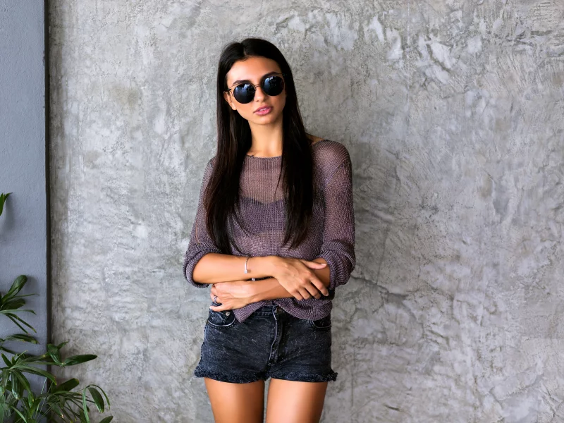 girl, charming, cute, shorts, glasses, brunette