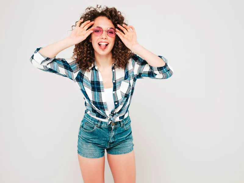 girl, beautiful, pretty, shorts, glasses, tongue