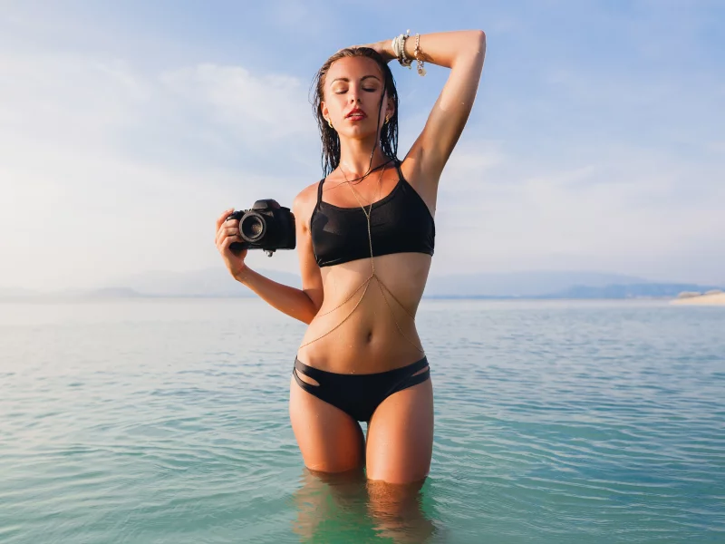 girl, beautiful, cute, swimsuit, camera