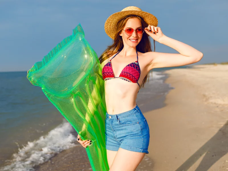 girl, beautiful, cute, shorts, swimsuit, hat, smile, glasses