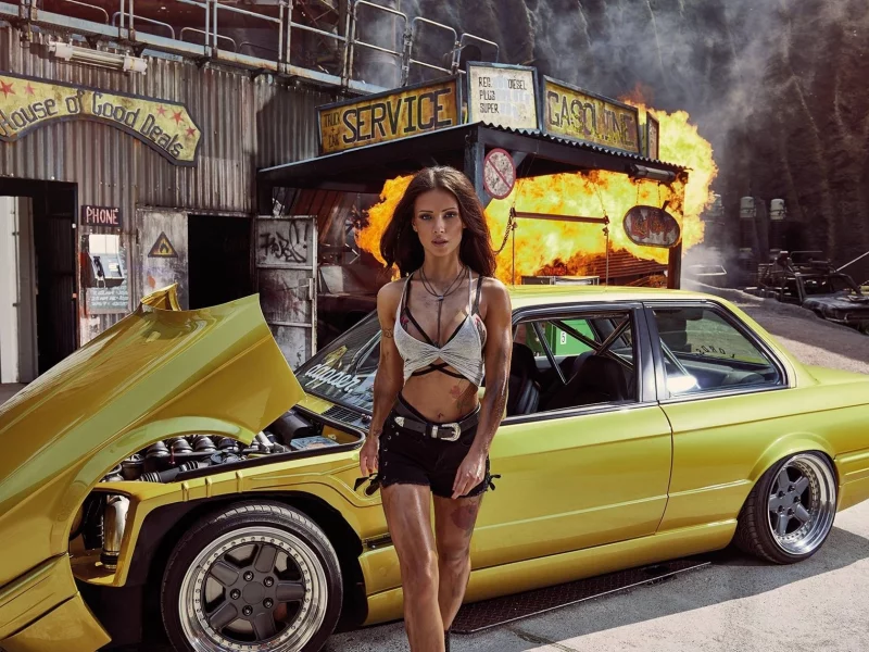 girl, beautiful, sexy, cute, shorts, workshop, car, dirty
