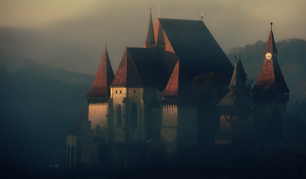 castle, fog, structure