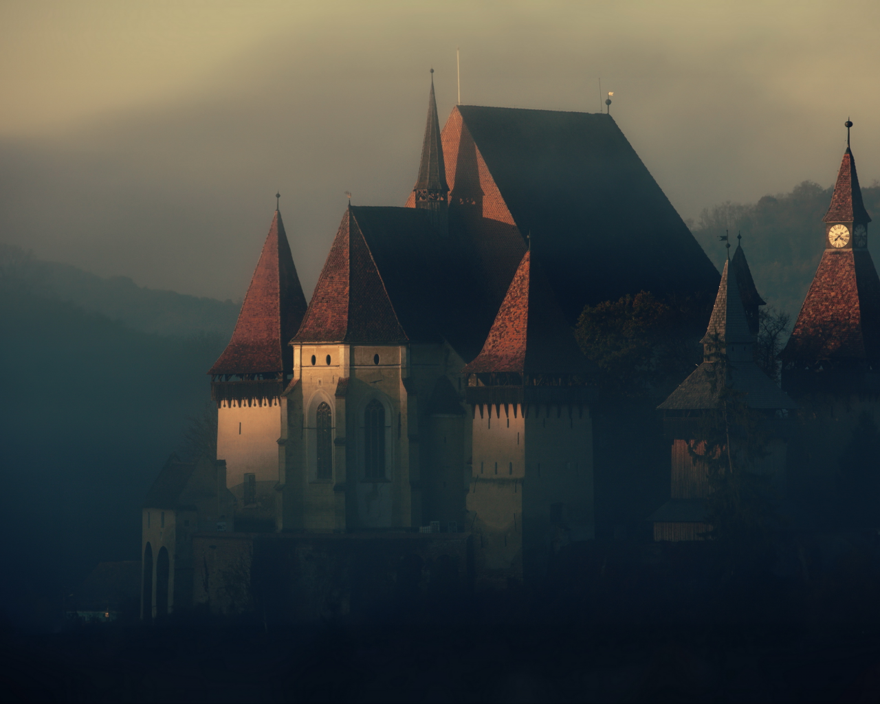 castle, fog, structure