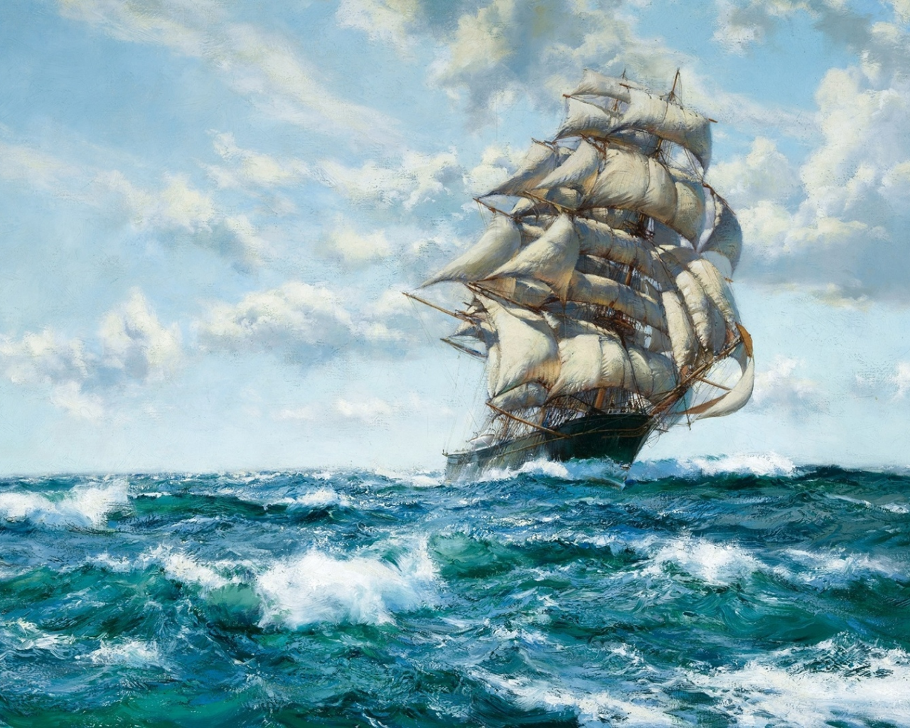 sailing, ship, ocean, clouds, painting