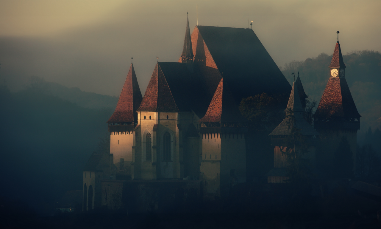 castle, fog, structure