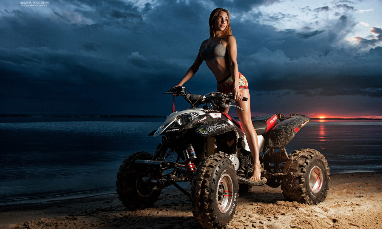 girl, beautiful, pretty, sneakers, legs, shorts, tanned, atv, beach, sunset