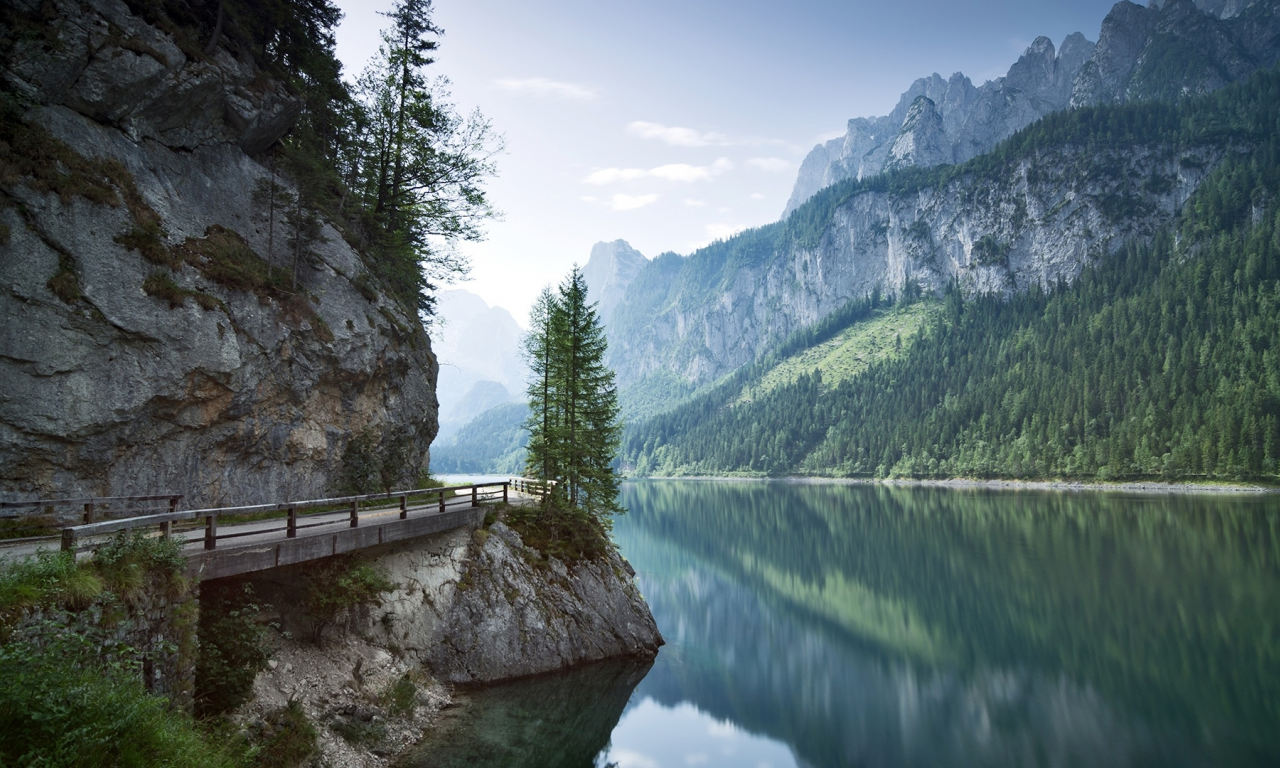 nature, mountains, forest, river, bridge, austria