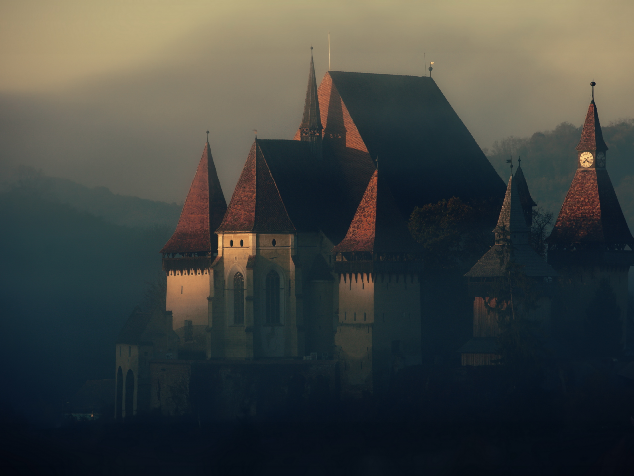 castle, fog, structure