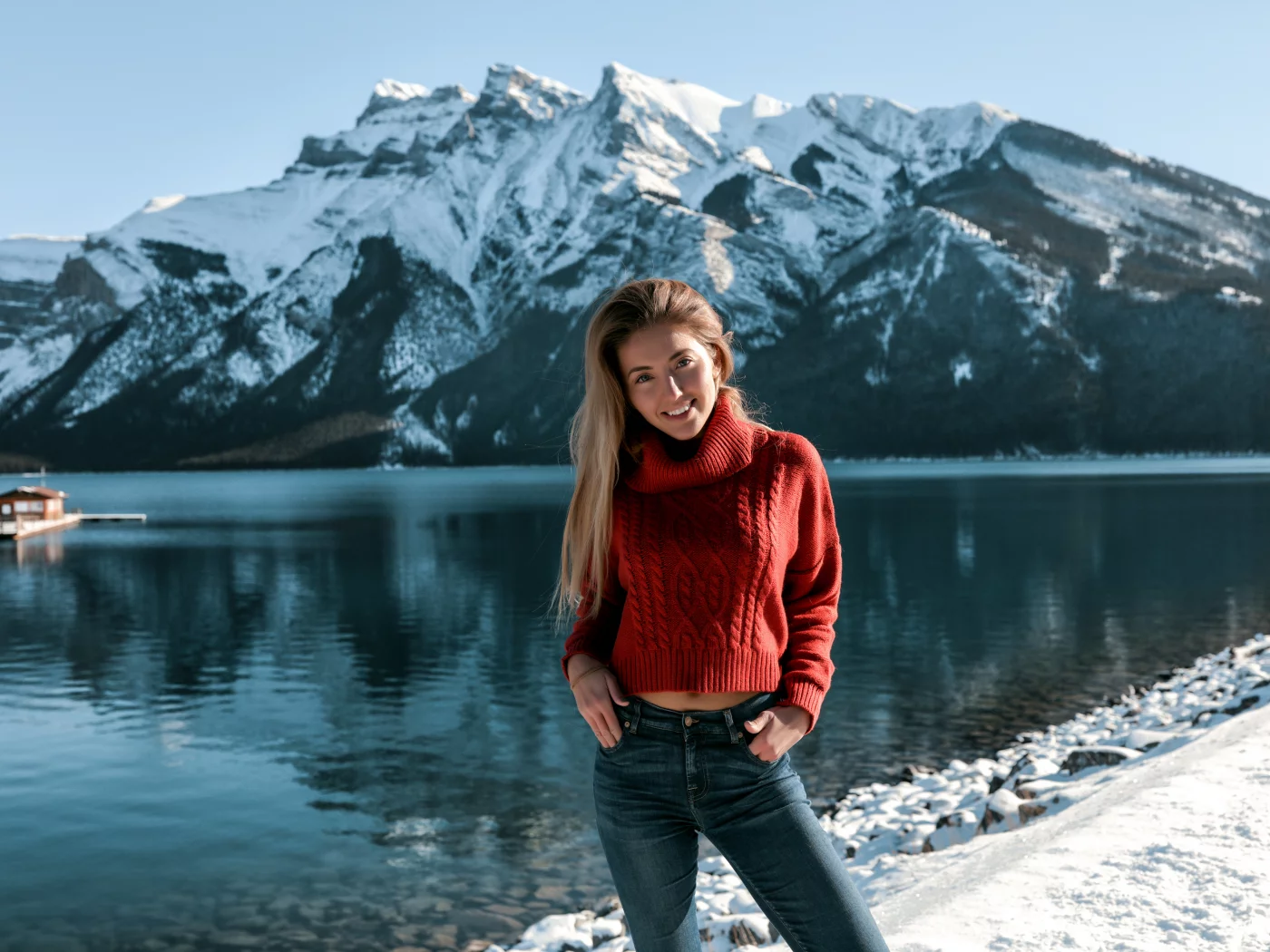 girl, beautiful, pretty, sweater, jeans, snow, mountains