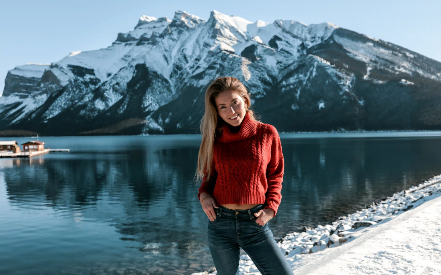 girl, beautiful, pretty, sweater, jeans, snow, mountains