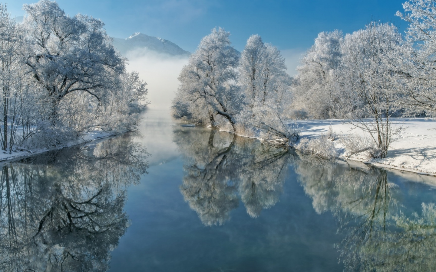 природа, зима, снег, деревья, иней, река, бавария, германия