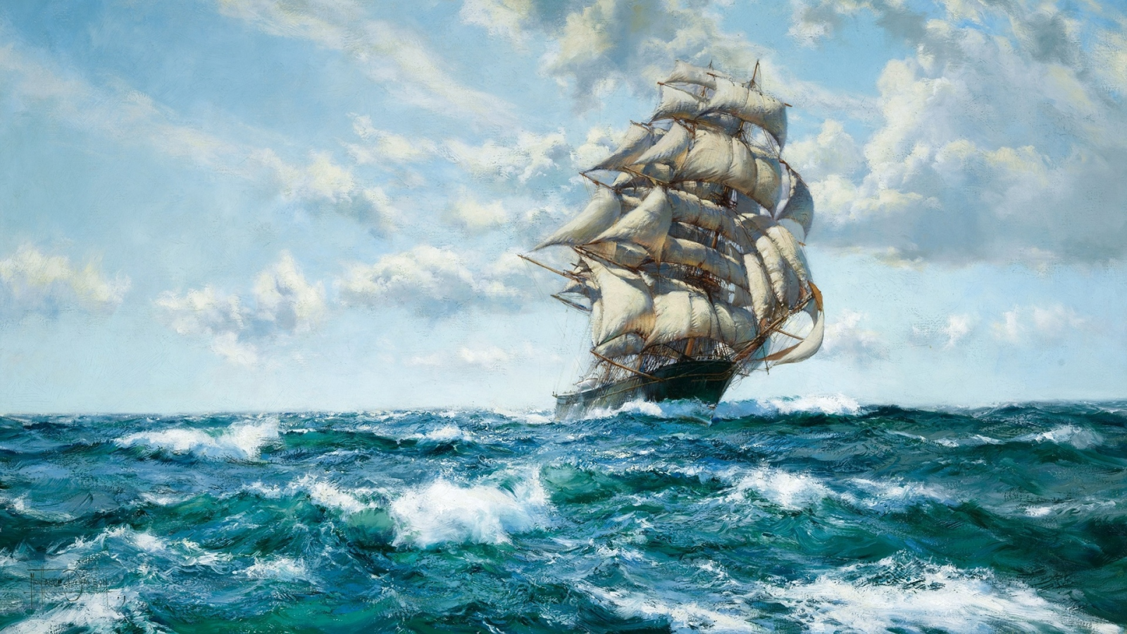 sailing, ship, ocean, clouds, painting