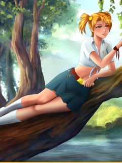 anime, girl, pioneer, skirt, knee socks, tree, forest