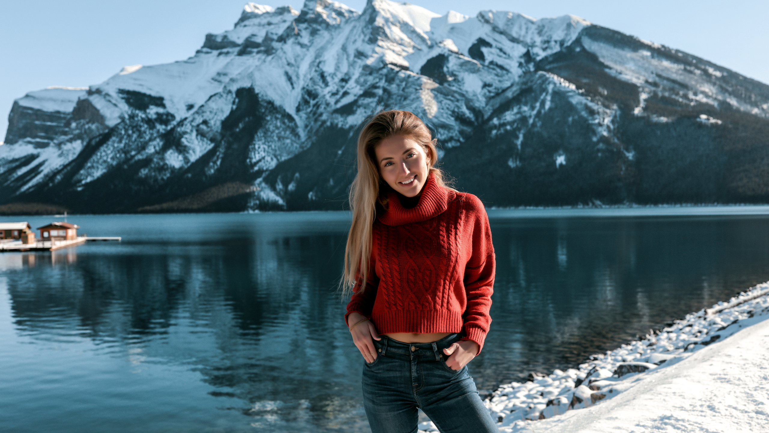 girl, beautiful, pretty, sweater, jeans, snow, mountains