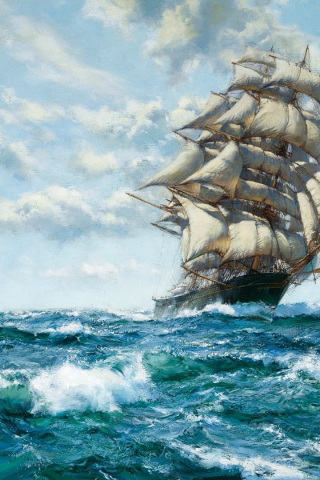 sailing, ship, ocean, clouds, painting