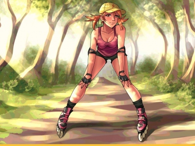 anime, girl, shorts, rollers, forest