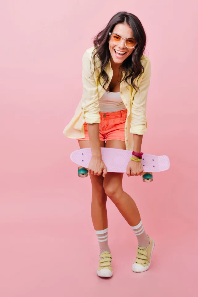 girl, beautiful, cute, shorts, skateboard, sneakers, glasses, joy