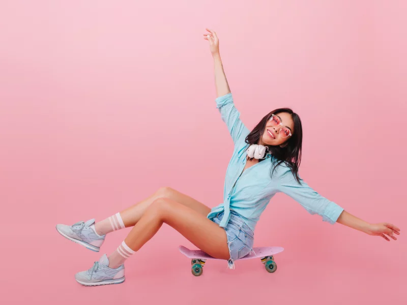 girl, pretty, sweet, shorts, glasses, skateboard, sneakers