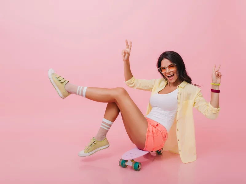 girl, pretty, sweet, shorts, glasses, skateboard, sneakers