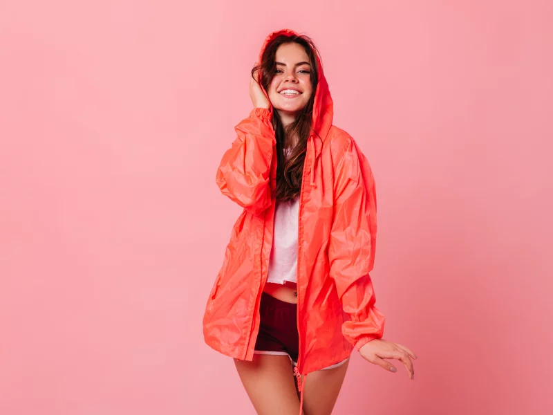 girl, sweet, pretty, brunette, shorts, raincoat, smile, joy