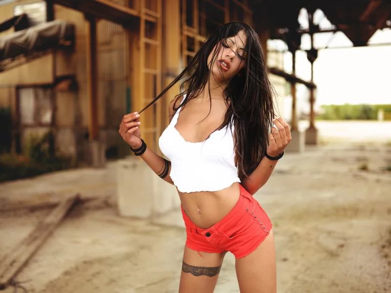 girl, beautiful, cute, brunette, shorts, tattoo