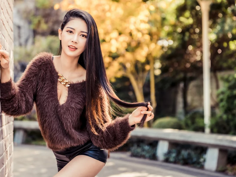 girl, woman, beautiful, shorts, sweater, asian