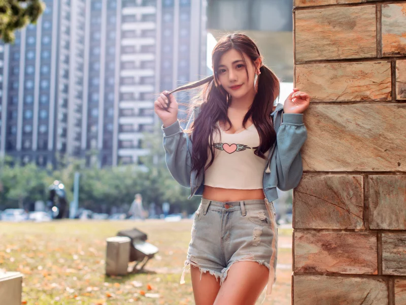 girl, woman, beautiful, shorts, jacket, asian