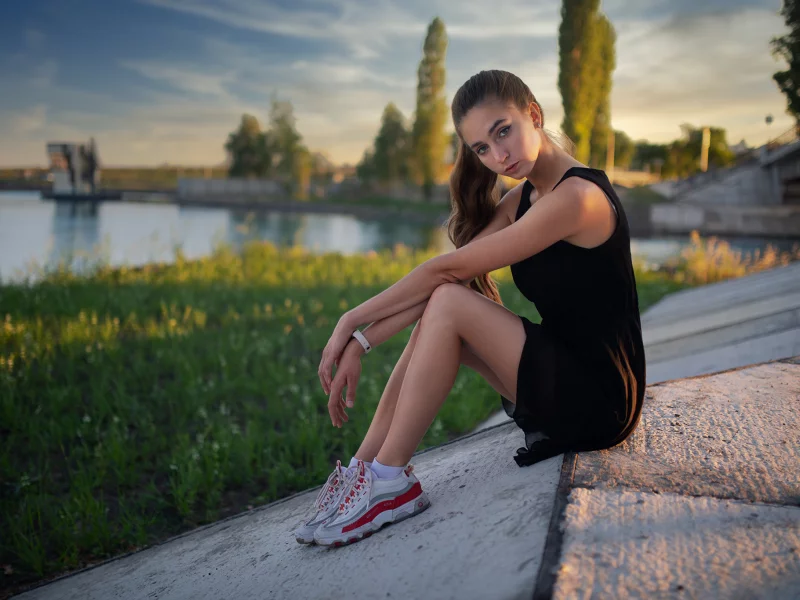 girl, beautiful, sexy, sneakers, dress